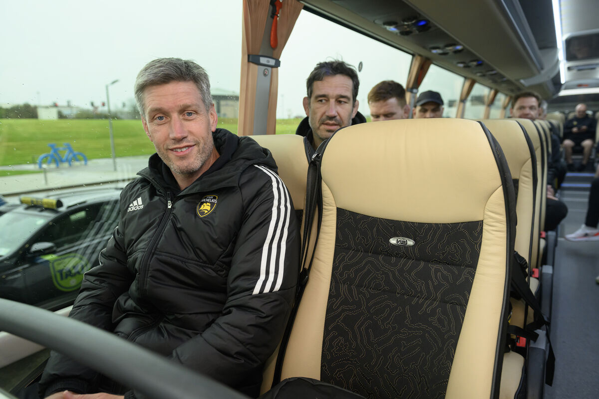  Ronan O'Gara and his La Rochelle team at Cork Airport prior to their Champions Cup quarter-final match against Leinster at the Aviva Stadium on Saturday. Pic: Dan Linehan