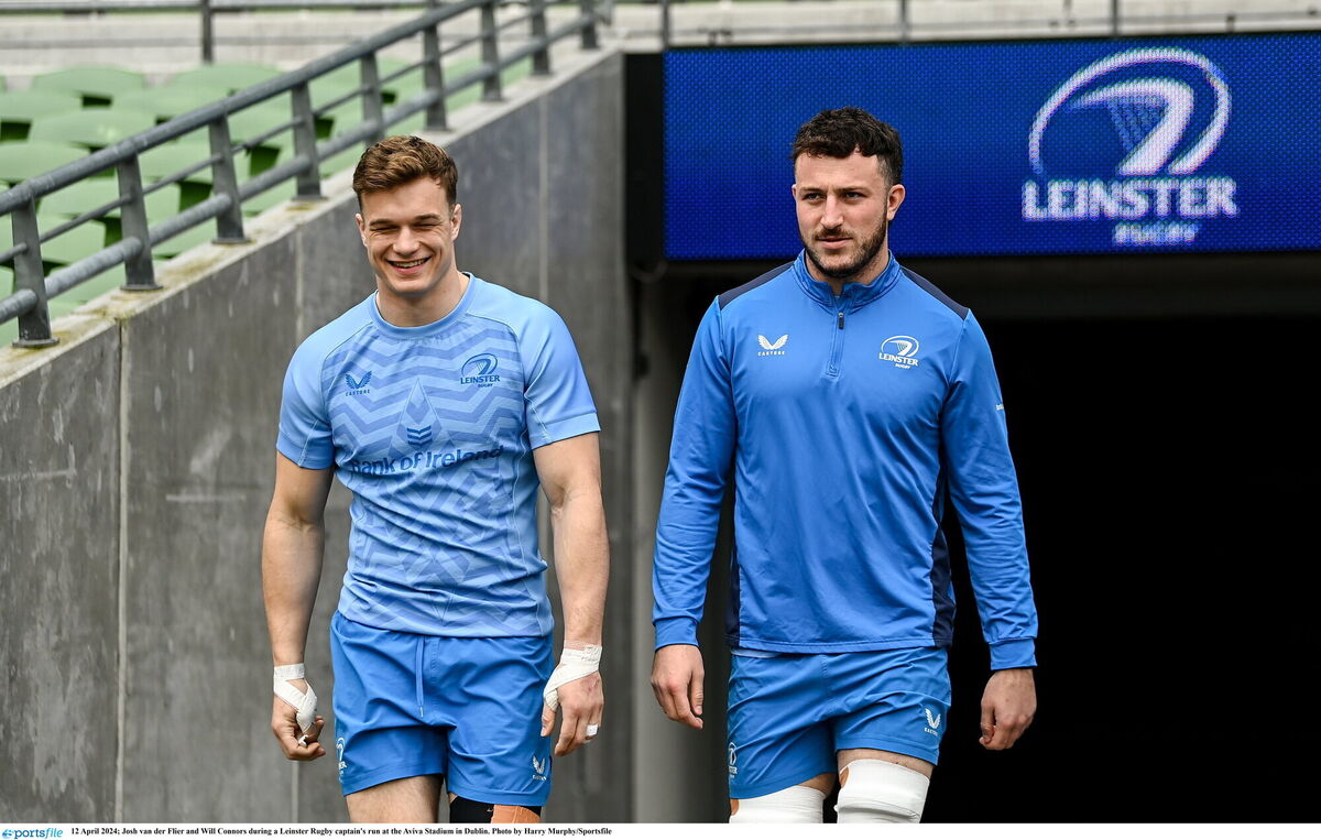 osh van der Flier and Will Connors during a Leinster Rugby captain's run at the Aviva Stadium in Dublin. Photo by Harry Murphy/Sportsfile osh van der Flier and Will Connors during a Leinster Rugby captain's run at the Aviva Stadium in Dublin. Photo by Harry Murphy/Sportsfile