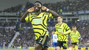 <p>GUNNING FOR GLORY: Arsenal's Bukayo Saka celebrates after scoring his side's opening goal during the English Premier League soccer match between Brighton and Hove Albion and Arsenal. (AP Photo/Dave Shopland)</p>