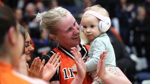 <p>InsureMyHouse.ie Paudie O'Connor Cup Final, National Basketball Arena, Dublin 22/1/2023 Trinity Meteors vs Killester Killester's Ieva Bagdanaviciene celebrates with her daughter Atene Mandatory Credit ©INPHO/Bryan Keane</p>