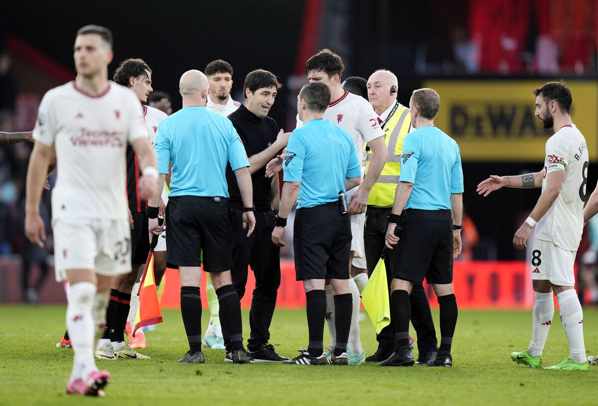 Bournemouth manager Andoni Iraola addresses the officials following the Premier League match against Manchester United. Picture: Andrew Matthews/PA Wire.