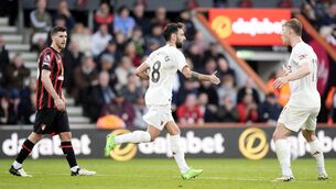 <p>Manchester United's Bruno Fernandes celebrates scoring his side's second goal against Bournemouth. Picture: Andrew Matthews/PA Wire.</p>