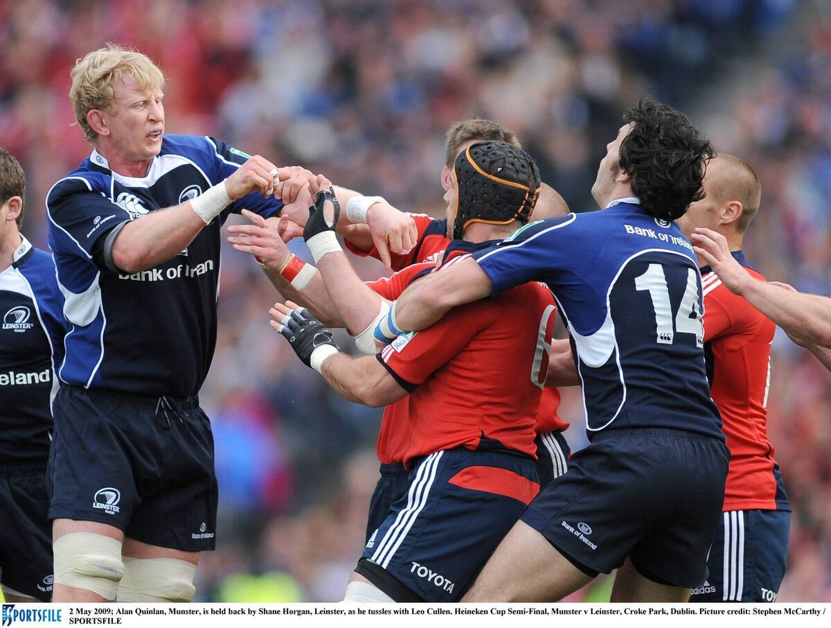 2 May 2009; Alan Quinlan, Munster, is held back by Shane Horgan, Leinster, as he tussles with Leo Cullen. Heineken Cup Semi-Final, Munster v Leinster, Croke Park, Dublin. Picture credit: Stephen McCarthy / SPORTSFILE 2 May 2009; Alan Quinlan, Munster, is held back by Shane Horgan, Leinster, as he tussles with Leo Cullen. Heineken Cup Semi-Final, Munster v Leinster, Croke Park, Dublin. Picture credit: Stephen McCarthy / SPORTSFILE