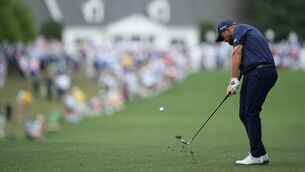 <p>Shane Lowry hits from the fairway at the Masters. Picture: AP Photo/Matt Slocum</p>