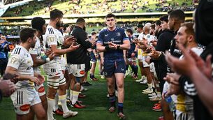 <p>SALUTE: Dan Sheehan leads the Leinster players through the La Rochelle show of respect at the Aviva Stadium. <span class="contextmenu emphasis">Pic</span>: Harry Murphy/Sportsfile</p>