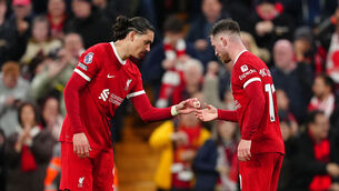 <p>Liverpool's Alexis Mac Allister celebrates a goal with teammate Darwin Nunez. Pic: Peter Byrne/PA Wire.</p>