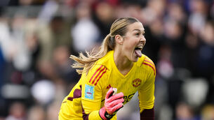 Mary Earps celebrates as Manchester United beat Chelsea to reach the FA Cup final (Nick Potts/PA)