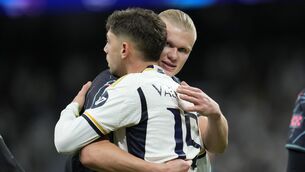 <p>ALL SQUARE: Manchester City's Erling Haaland hugs Real Madrid's Federico Valverde. Pic credit: AP Photo/Manu Fernandez.</p>