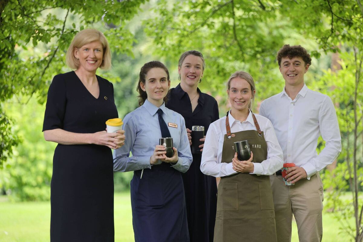 Emer Corridan, Cahernane Hotel, left, Jennifer Cronin, O'Donoghue Ring Hotels, Joanne McCarthy, Kerry Tourism Industry Federation, KTIF, Alice O'Leary, The Tanyard, Tom Geaney, KTIF attthe launch of the Killarney Coffee Cup Project in July last. Killarney is the first town in Ireland to be single-use coffee cup free Picture: Valerie O'Sullivan