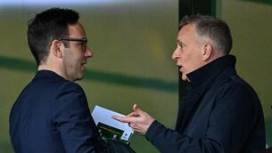 <p>Marc Canham and Jonathan Hill before the UEFA Women's European Championship qualifying group A match between Republic of Ireland and England at Aviva Stadium in Dublin.</p>