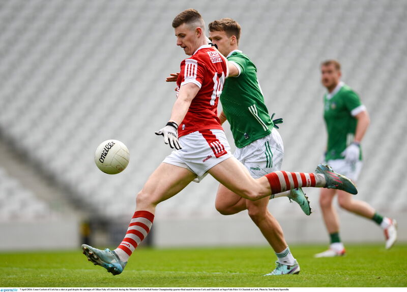 Conor Corbett of Cork has a shot at goal despite the attempts of Cillian Fahy of Limerick. Pic: Tom Beary, Sportsfile