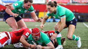 <p>Ireland's Enya Breen and Beibhinn Parsons celebrate after Aoife Wafer scores a try in the Six Nations against Wales. Picture: ©INPHO/Ben Brady</p>