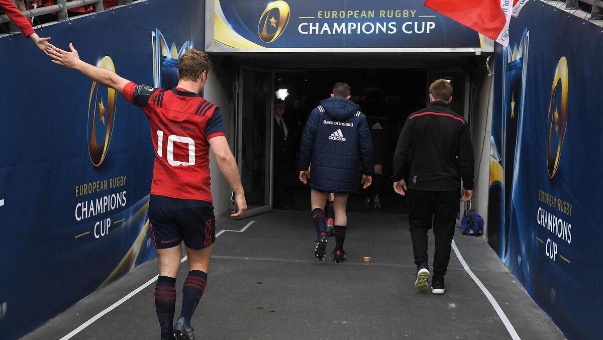 Tyler Bleyendaal and Peter O’Mahony of Munster leave the pitch after the European Rugby Champions Cup Semi-Final match between Munster and Saracens at the Aviva Stadium in Dublin. Photo by Brendan Moran/Sportsfile