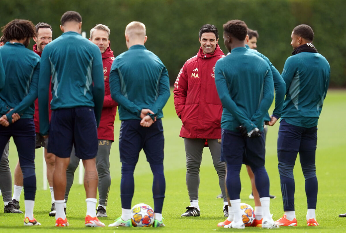 Arsenal manager Mikel Arteta with his team during a training session at the Sobha Realty Training Centre. Photo credit: Adam Davy/PA Wire. Arsenal manager Mikel Arteta with his team during a training session at the Sobha Realty Training Centre. Photo credit: Adam Davy/PA Wire.