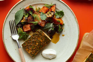 Tray-baked coconut omelette with fragrant salad