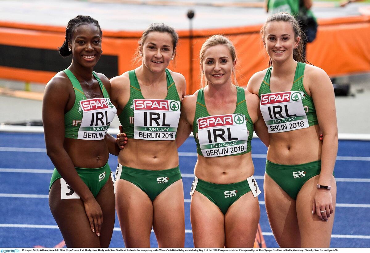 Gina Akpe-Moses, Phil Healy, Joan Healy and Ciara Neville of Ireland after competing in the Women's 4x100m Relay at 2018 European Athletics Championships. Photo by Sam Barnes/Sportsfile