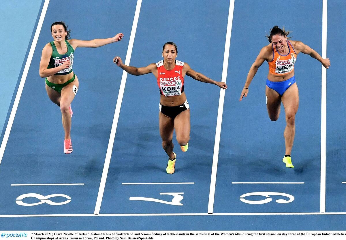 Ciara Neville in the semi-final of the Women's 60m at the 2021 European Indoor Athletics Championships at Arena Torun in Torun, Poland. Photo by Sam Barnes/Sportsfile