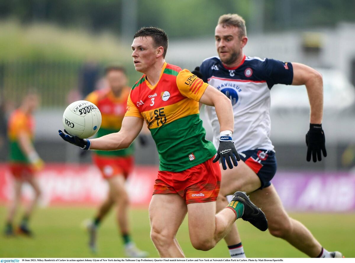 Mikey Bambrick of Carlow in action against Johnny Glynn of New York during the 2023 Tailteann Cup. Photo by Matt Browne/Sportsfile