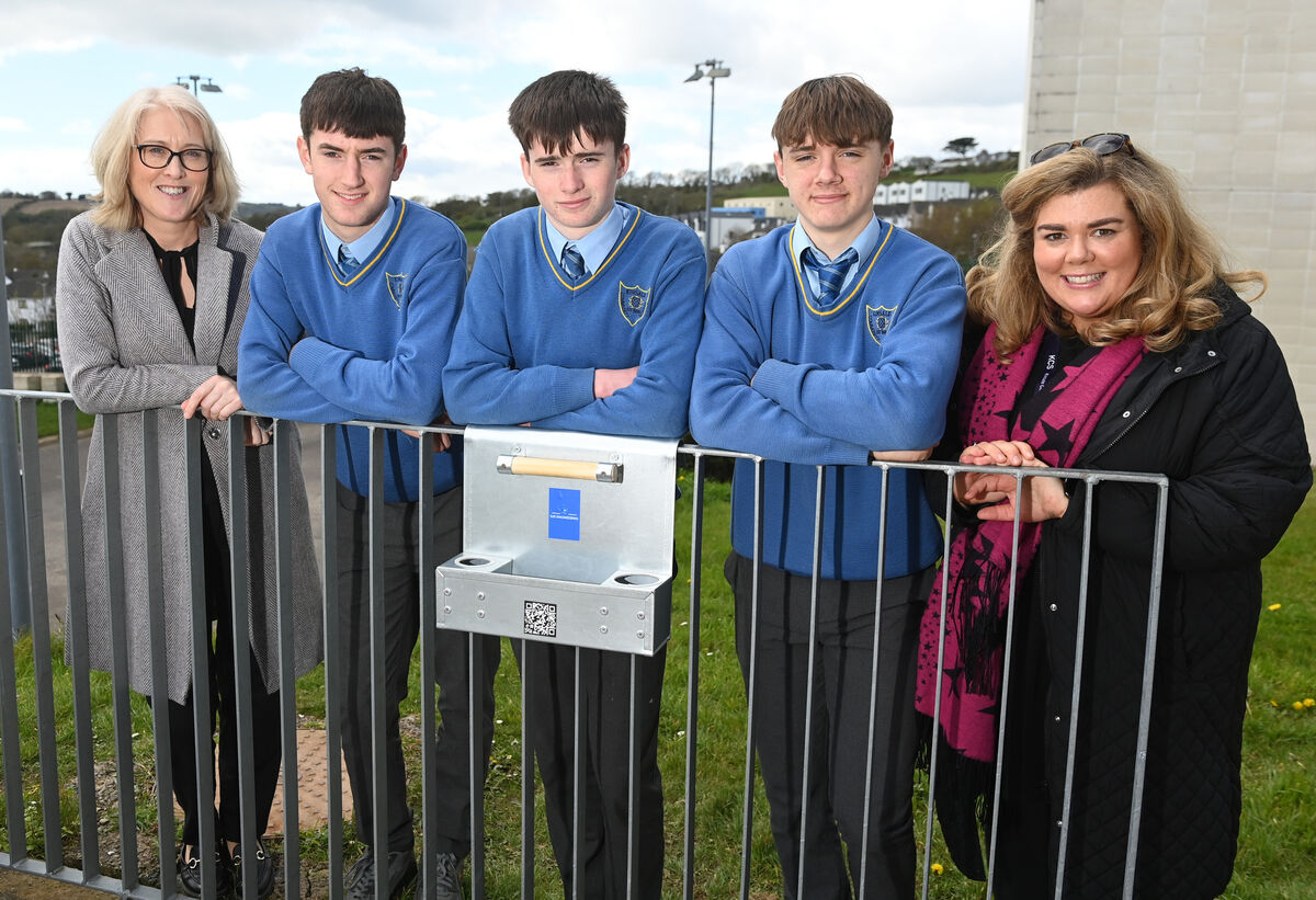 Kinsale community school pupils from left, John Quinn, Jack Good, and David Forde, with teachers Caitriona Leahy and Máire Fleming.  Picture: Eddie O'Hare