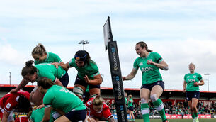 <p>HUGE STEP: Ireland's Aoife Wafer is congratulated by Beibhinn Parsons, Enya Breen, Aoibheann Reilly, Brittany Hogan and Eve Higgins after she scores her teams first try. Pic: Ben Brady</p>