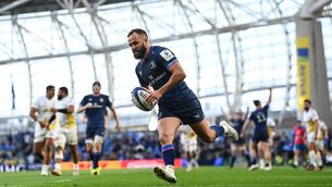 <p>Jamison Gibson-Park of Leinster on his way to scoring his side's second try during the Investec Champions Cup quarter-final match between Leinster and La Rochelle at the Aviva Stadium in Dublin. Photo by Harry Murphy/Sportsfile</p>