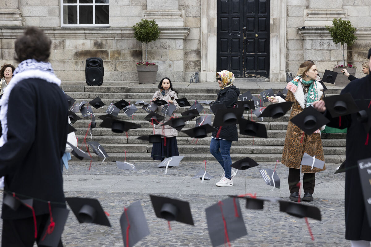 Staff and students at Trinity College Dublin protesting at the national day of action in solidarity with Palestine. Each hat represents students and teachers who have passed away in the Gaza war. Picture: Sam Boal/Collins Photos  