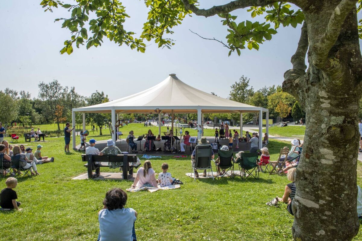 August 29, 2021: The newly-erected bandstand at Carrigaline Community Park which was officially opened by Cllr. Marcia D'Alton, Cork County Council, Chair of Carrigaline Municipal District on Sunday, August 29, 2021. The flute quartet Hifilutin were the first to perform for the public at the bandstand on the afternoon of the opening. Pic: Brian Lougheed 