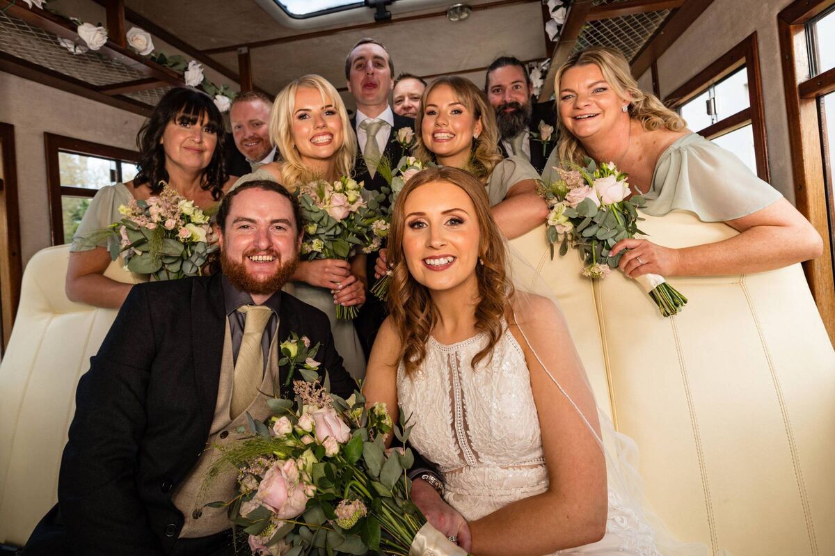 Laura O’Moore and Barry McCarthy with their wedding party. Pictures: Dermot Sullivan