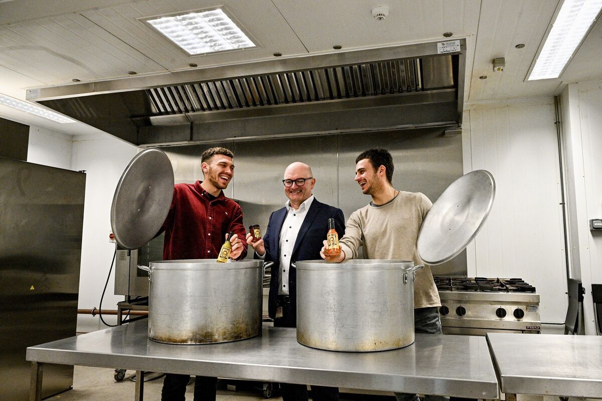 Alex and Felix Castaldo of hot sauce food startup Tongue Tied, with Cork County Council’s Paul Sutton, in the incubator kitchens in Carrigaline. Pictures: Chani Anderson
Alex and Felix Castaldo of hot sauce food startup Tongue Tied, with Cork County Council’s Paul Sutton, in the incubator kitchens in Carrigaline. Pictures: Chani Anderson