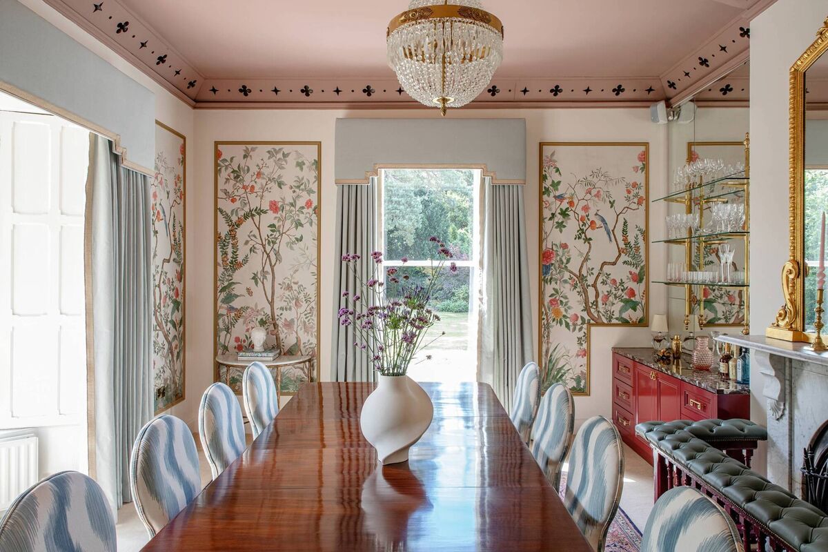 The wall covering with panels in the dining room is Tian by Gucci. The table was sourced from The Store Yard.