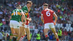 <p>David Clifford of Kerry celebrates after scoring his side's first goal from a penalty during the GAA Football All-Ireland Senior Championship Round 2 match between Cork and Kerry at Páirc Ui Chaoimh in Cork. Photo by Eóin Noonan/Sportsfile</p>