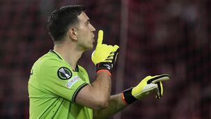 <p>Emiliano Martinez will miss Aston Villa’s Europa Conference League semi-final first leg with Olympiacos (Christophe Ena/AP)</p>