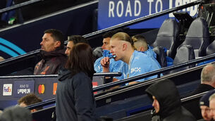 <p>Manchester City's Erling Haaland after being substituted during the UEFA Champions League quarter-final, second leg match at the Etihad Stadium, Manchester. Picture date: Wednesday April 17, 2024.</p>