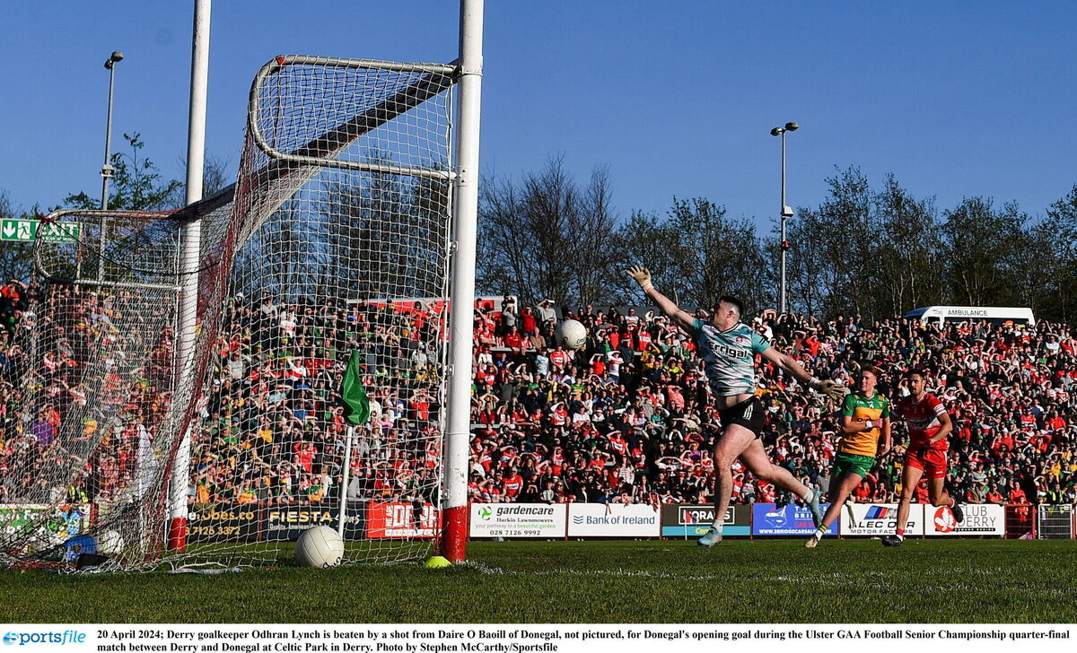 Derry goalkeeper Odhran Lynch is beaten by a shot from Daire O Baoill of Donegal, not pictured, for Donegal's opening goal during the Ulster GAA Football Senior Championship quarter-final match between Derry and Donegal at Celtic Park in Derry. Photo by Stephen McCarthy/Sportsfile