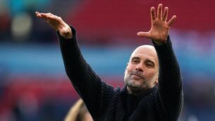 <p>PEP PEEVED: Manchester City manager Pep Guardiola celebrates following the Emirates FA Cup semi-final match at Wembley. Photo credit: Adam Davy/PA Wire.</p>