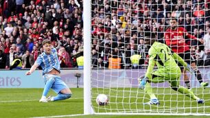 <p>Coventry City's Victor Torp scores before it is then disallowed following a VAR check during the Emirates FA Cup semi-final. Picture: Nick Potts/PA Wire </p>