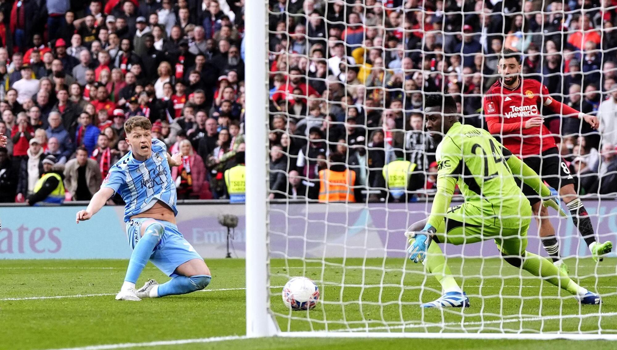 Coventry City's Victor Torp scores before it is then disallowed following a VAR check during the Emirates FA Cup semi-final. Picture: Nick Potts/PA Wire 