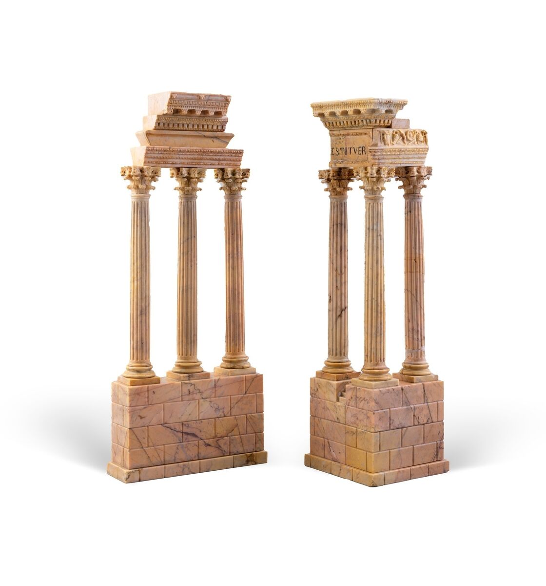 Carved Siena marble architectural models of the Temple of Castor and Pollux and the Temple of Vespasian.