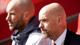 <p>Manchester United manager Erik ten Hag (centre right) admitted his side had some fortune (Nick Potts/PA)</p>