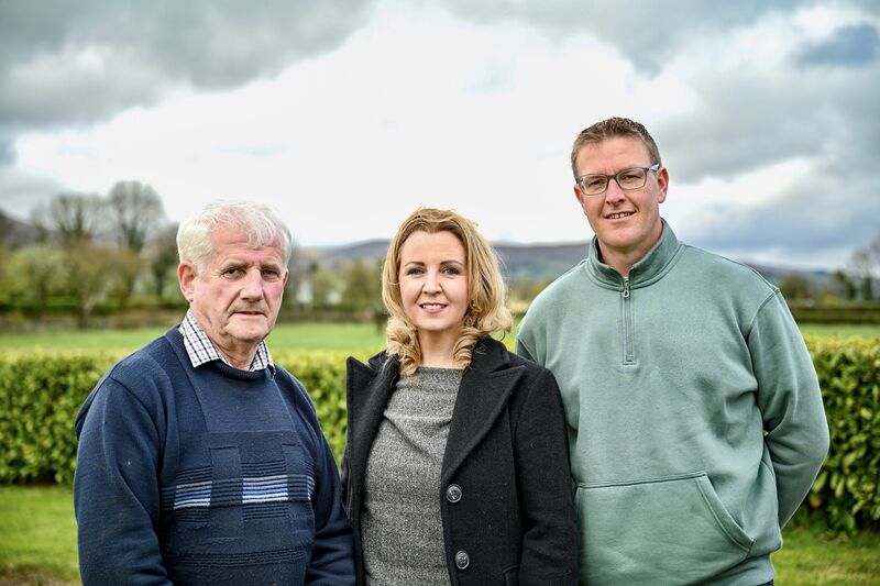 Moss Fitzgerald, Maeve O’Brien and Peter O’Donoghue pictured outside the Kilbehenny Community Centre. Picture: Chani Anderson