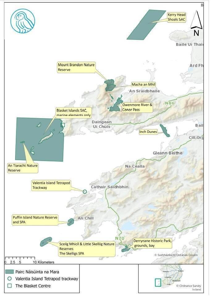 Páirc Náisiúnta na Mara, Ciarraí will include the Conor Pass, Sceilg Mhichíl, Inch Dunes, the Blasket Islands, and Derrynane historic park and grounds. Picture: Ordnance Survey 