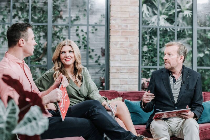Tommy Bowe, Muireann O'Connell and Alan Hughes in front of the camera on Virgin Media's Ireland AM. Picture: Nina Val
