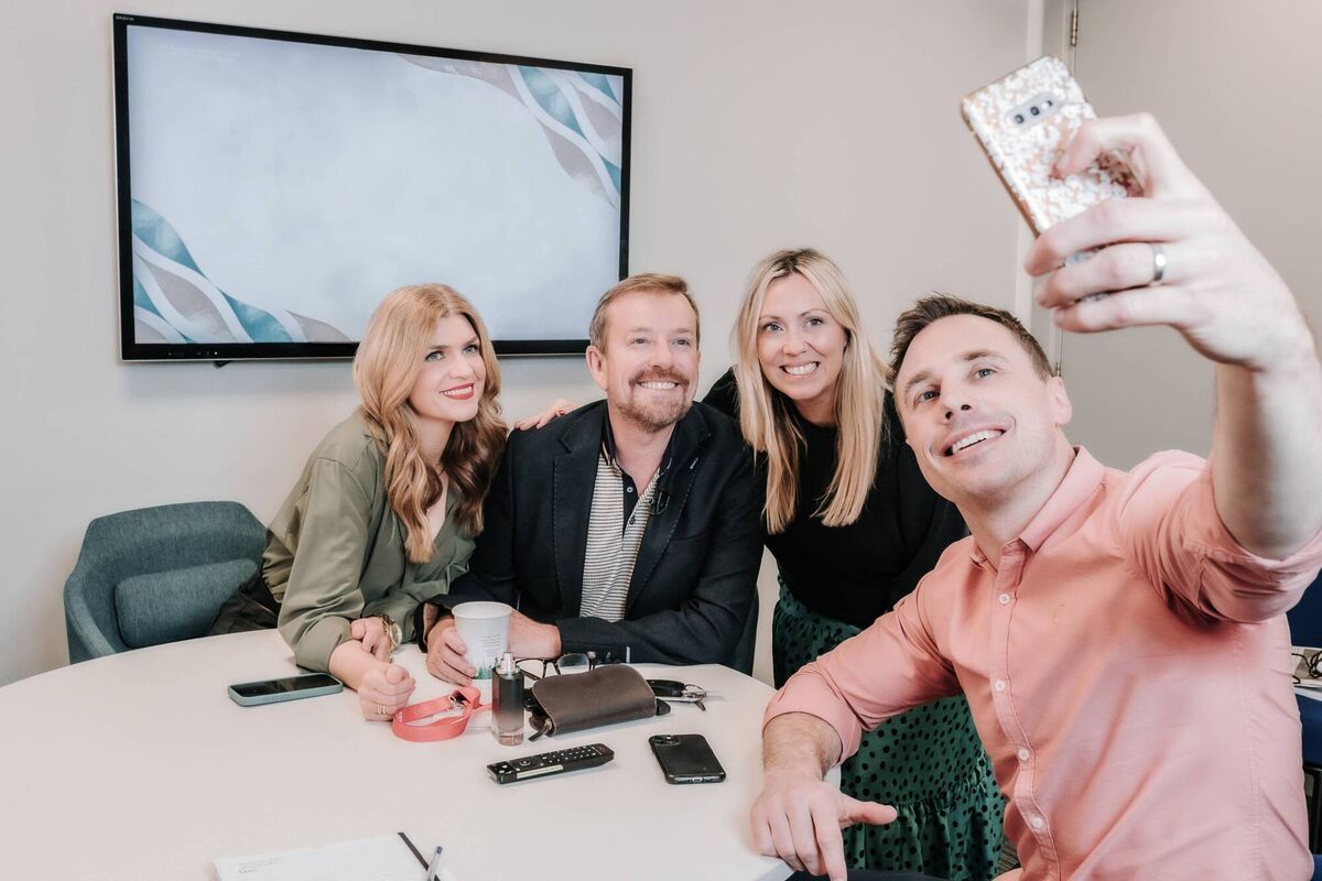 Muireann O'Connell, Alan Hughes, Amanda Cassidy and Tommy Bowe stop for a selfie backstage at Virgin Media's Ireland AM. Picture: Nina Val