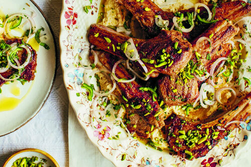 Georgina Hayden’s spiced lamb chops with houmous
