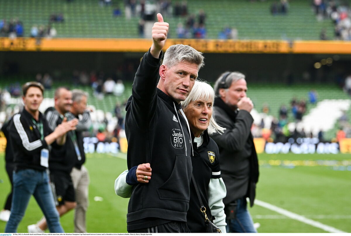 La Rochelle head coach Ronan O'Gara, with his mum Joan, after the 2023 Heineken Champions Cup final against Leinster at Aviva Stadium in Dublin. Photo by Harry Murphy/Sportsfile La Rochelle head coach Ronan O'Gara, with his mum Joan, after the 2023 Heineken Champions Cup final against Leinster at Aviva Stadium in Dublin. Photo by Harry Murphy/Sportsfile