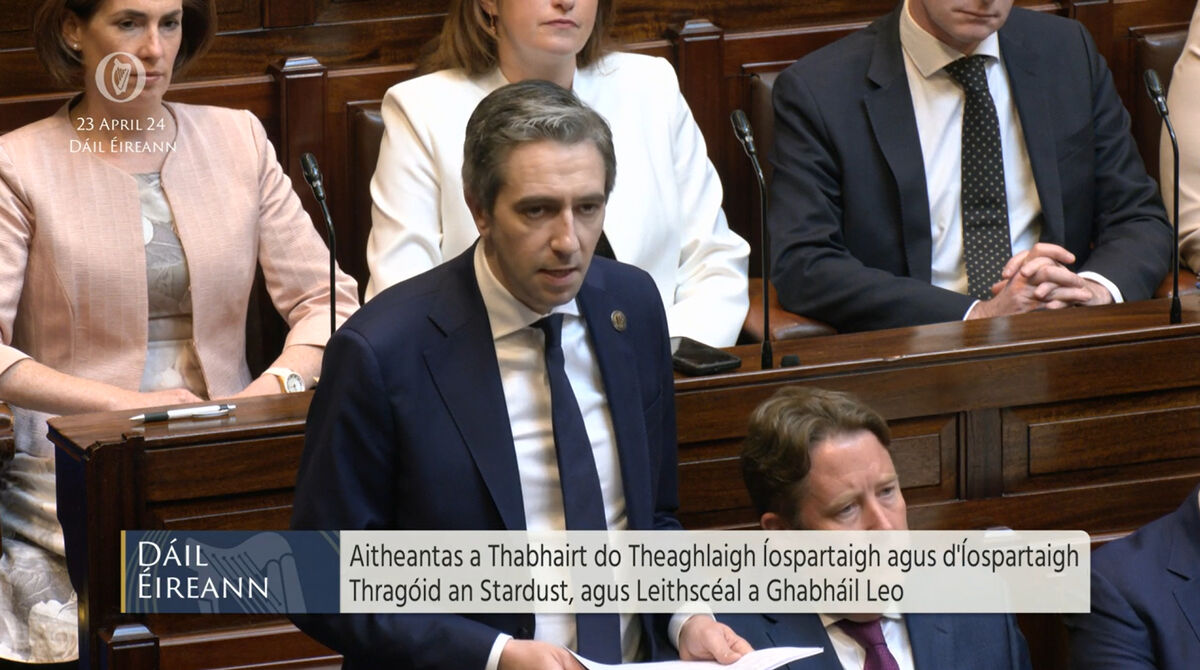 Screengrab taken from Oireachtas TV of Taoiseach Simon Harris in Dáil Éireann issuing a State apology to the families of the victims of the Stardust fire. Picture: Oireachtas TV/PA Wire 