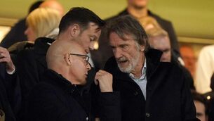 <p>Sir David Brailsford and Sir Jim Ratcliffe in the stands during the Premier League match at Stamford Bridge.</p>