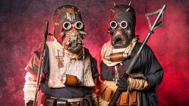 <p>Nuri Albarki (left) and his wife Caroline Walsh dressed as Tusken Raiders in preparation for the Feel the Force Festival that takes place on the June Bank Holiday in Dunmanway, Co. Cork. Picture: David Creedon</p>