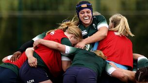 <p>TIGHT SQUEEZE: Brittany Hogan training with Ireland ahead of their Six Nations showdown against Scotland. Pic Credit: Ben Brady, Inpho.</p>