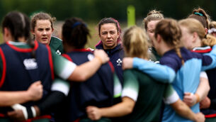 <p>READY AND WAITING: Enya Breen with Natasja Behan prior to their Belfast battle with Scotland. Pic: Ben Brady, Inpho</p>